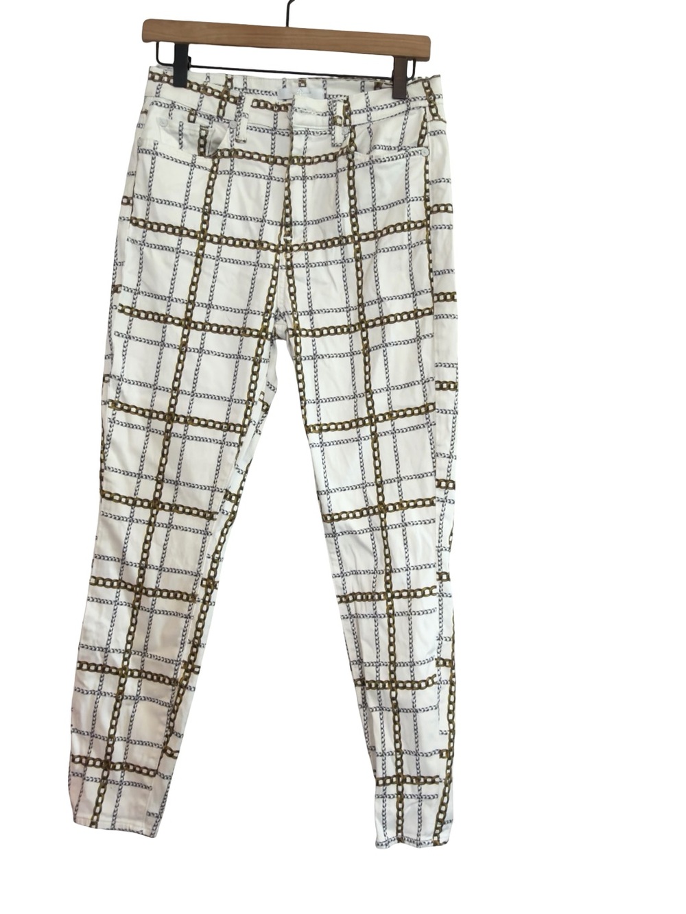 7 For All Mankind White Skinny Pants with Gold & Gray Chain Grid